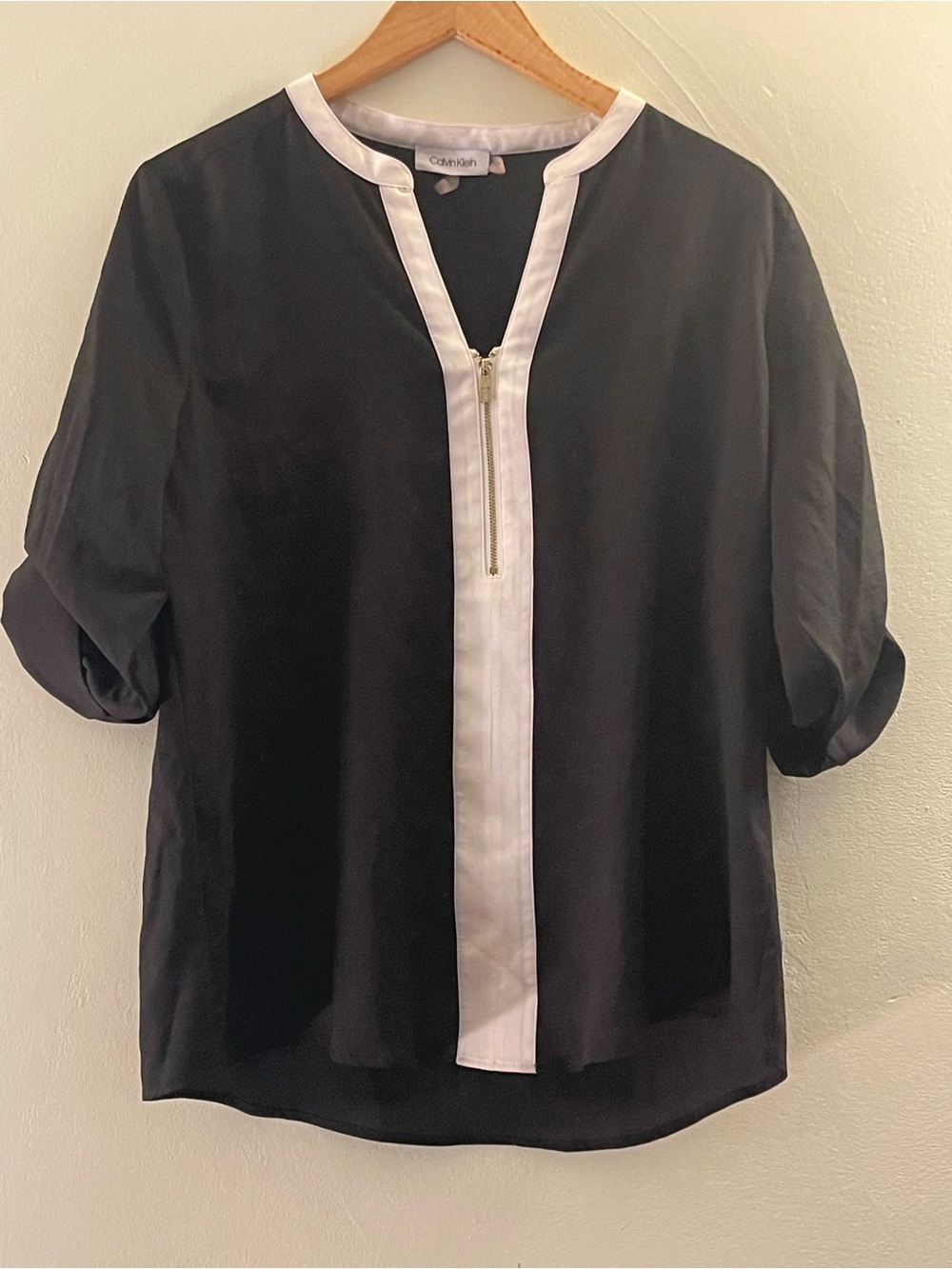 Calvin Klein Black Blouse with White Zip-Trim